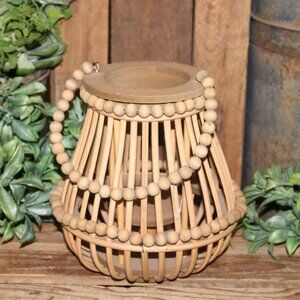 NEW Large 9.5" Natural BOHO Farmhouse Beaded Wood Candle Lantern